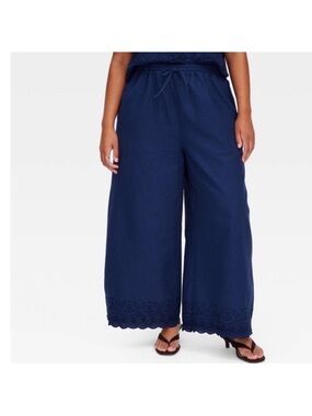 Roller Rabbit x Target Wide Leg Linen Pants with Embroidery Navy Blue